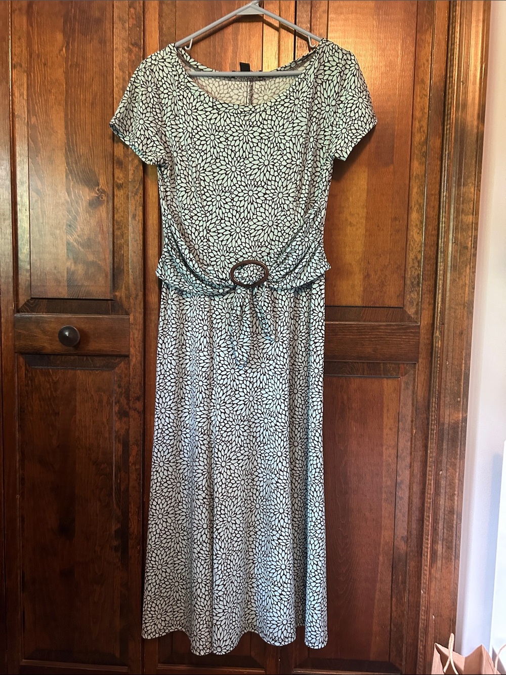 Perceptions Black and White Floral Belted Maxi with Scoop Neck